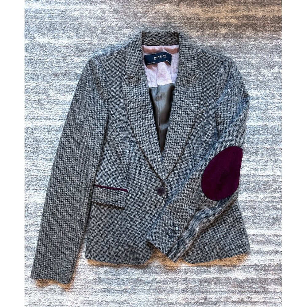 Zara Collection 100% Lambswool Blazer Dark Grey Herringbone